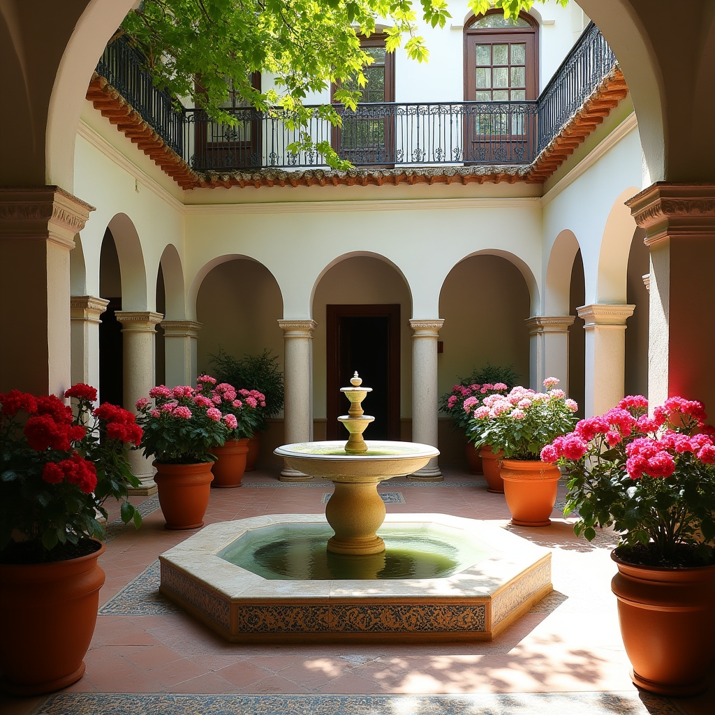 Patio interior de casa andaluza con elementos decorativos tradicionales