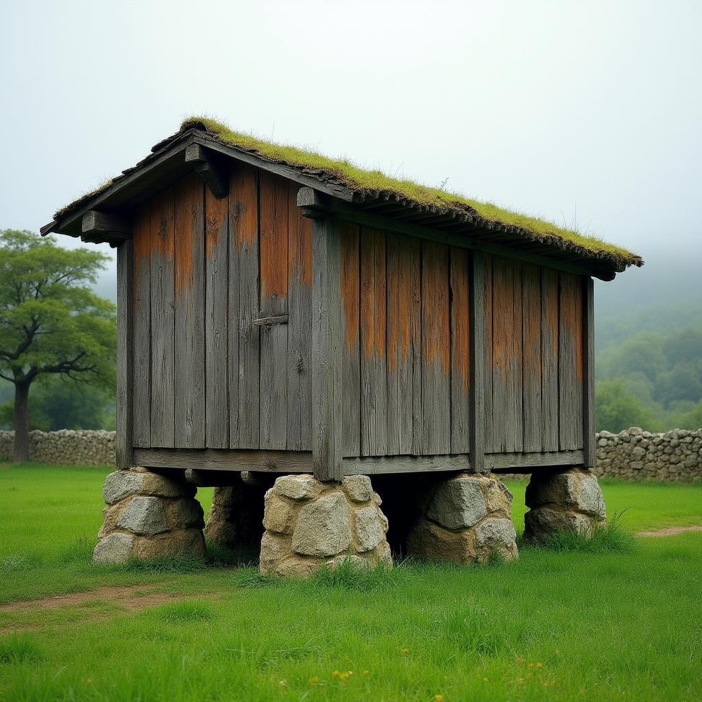 Hórreo gallego tradicional de madera y piedra en paisaje rural verde