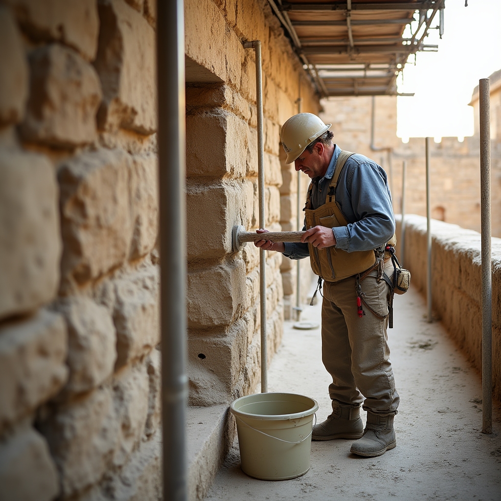 Proceso de restauración de edificio histórico con técnicas tradicionales